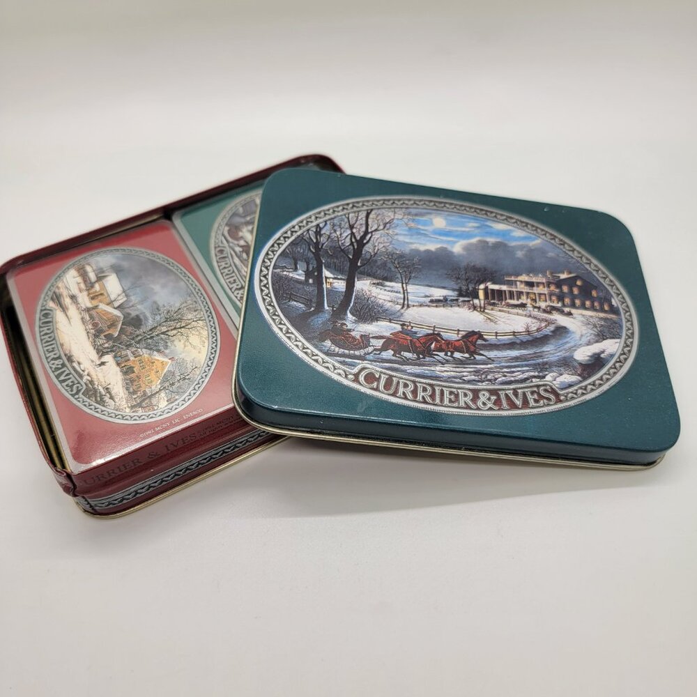 Vintage Currier & Ives Playing Cards 2 Sealed Decks Collectible Tin Winter Scene